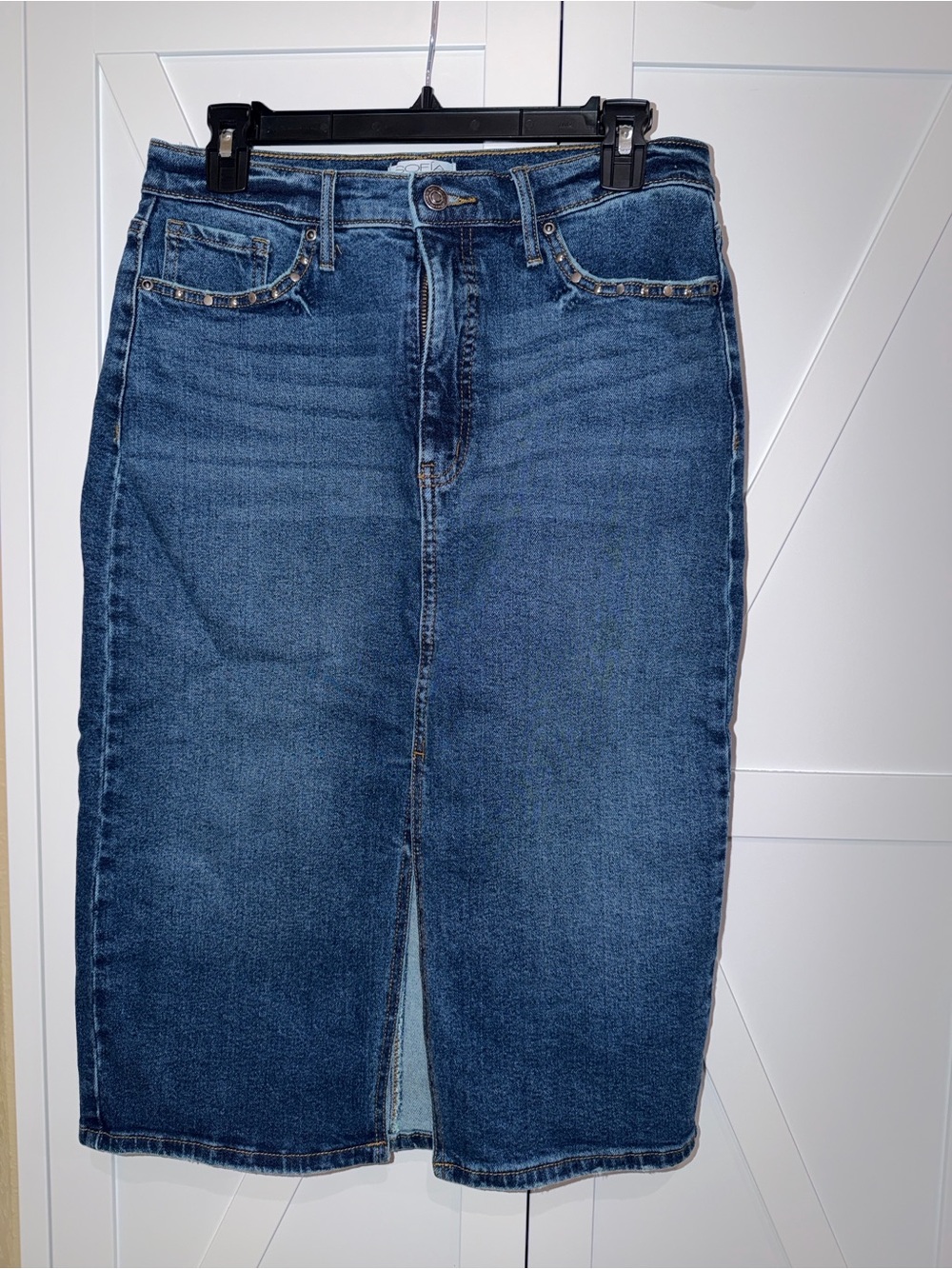Sofia Jeans by Sofia Vergara Studded Denim Midi Pencil Skirt - Size 8